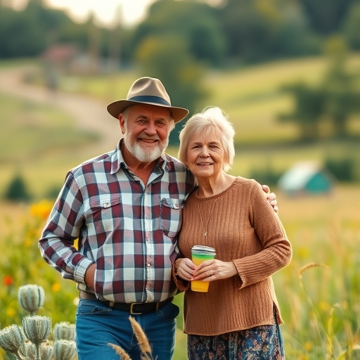 日落時分的鄉村景色，退休夫妻在遠處散步
