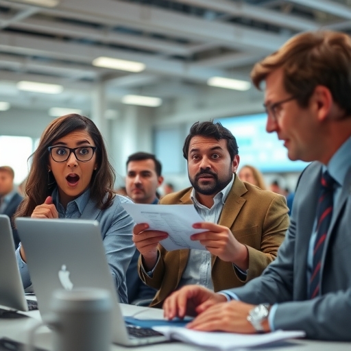 員工驚訝地查看新聞