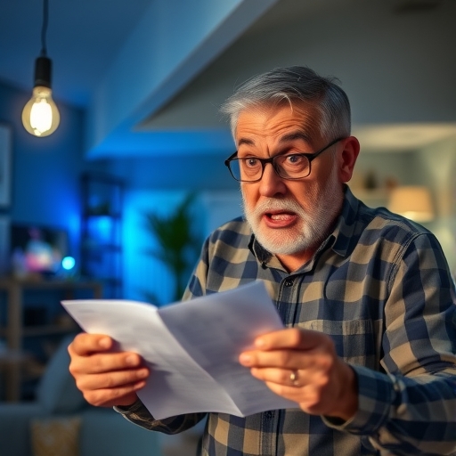 一位男子正在收到高額電費帳單，感到震驚