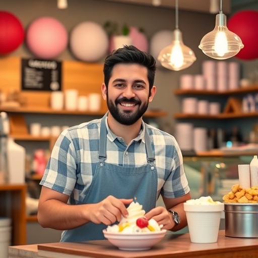 一位年輕創業家在冷凍優格店中工作