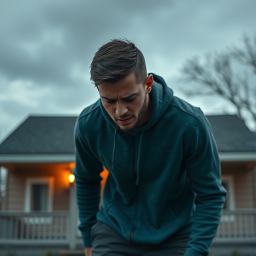 一位年輕男子在房子前哭泣