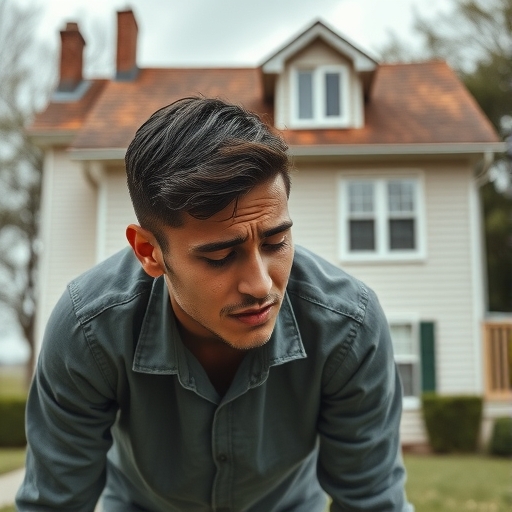 一位年輕男子在房子前哭泣