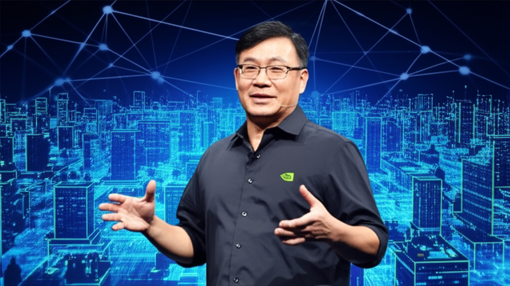 輝達執行長黃仁勳討論AI作為轉型工業革命的重要性,背景為充滿活力的科技景觀