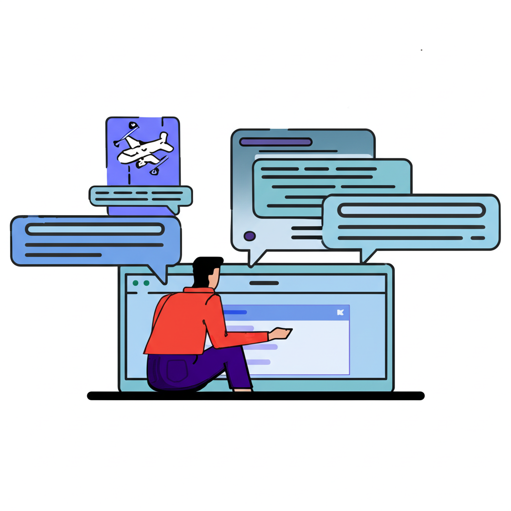 An illustration showing a user interacting with AI in ChatGPT discussing travel plans while making direct bookings and payments
