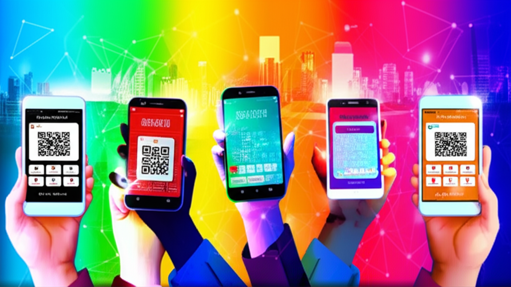 亞洲數位轉型插圖,展示智慧型手機在活力都市中用於金融支付的場景