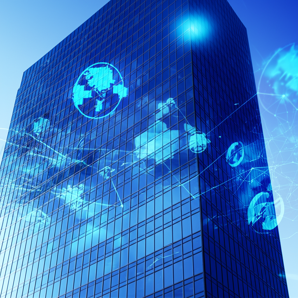 illustration of a large telecom company headquarters with digital security threats looming