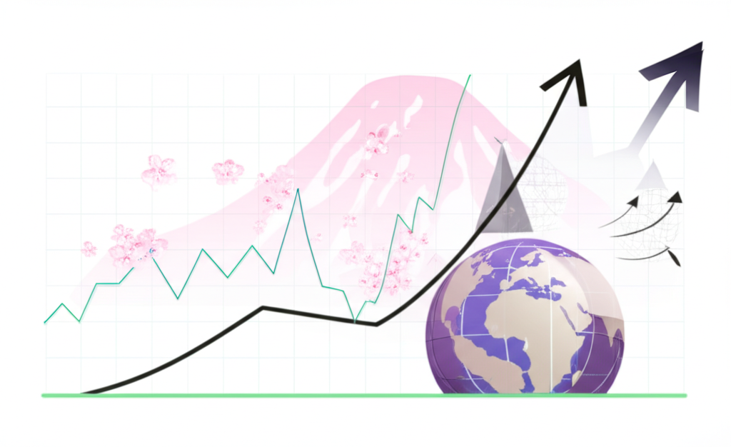日本股市上升趨勢插圖,象徵全球經濟因素