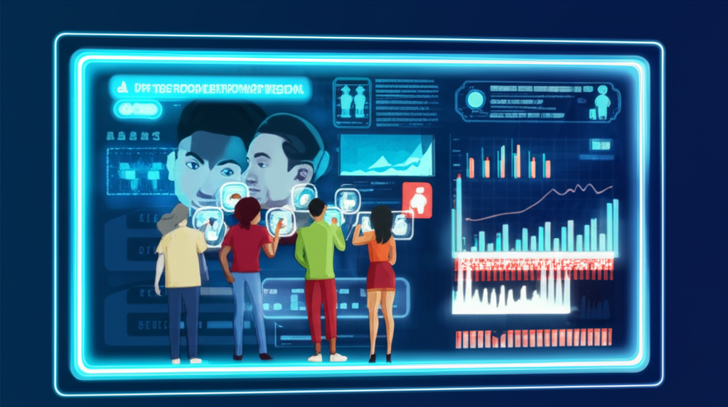 未來數位介面插圖，顯示用戶在社群媒體平台上進行預測