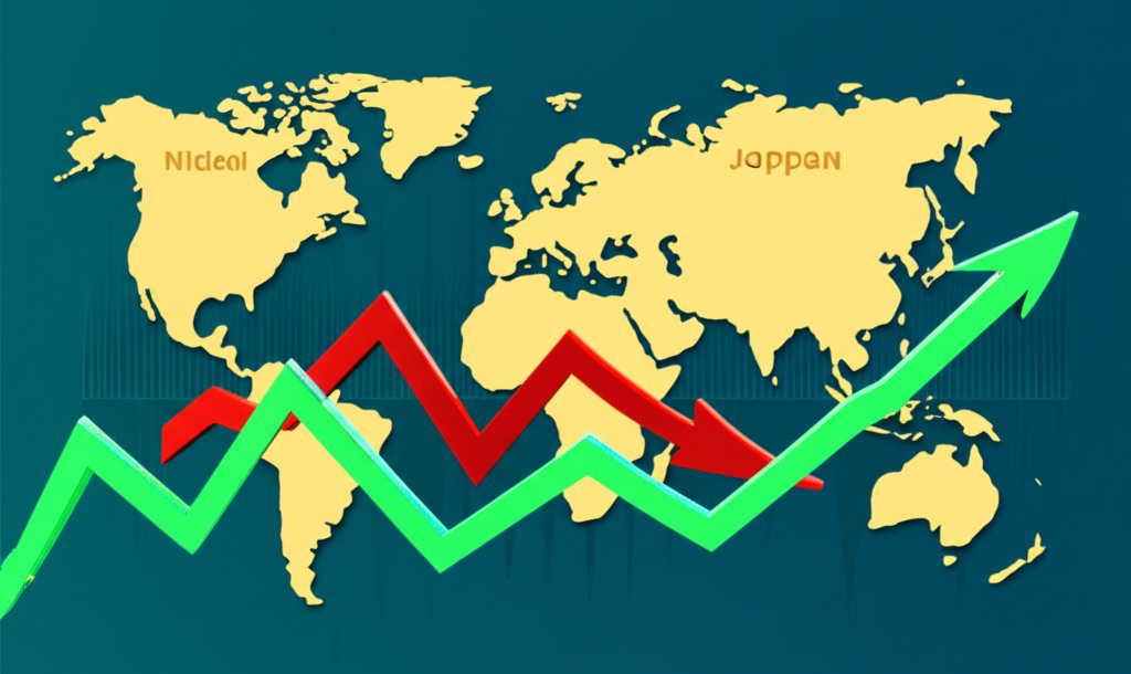 全球市場多樣指標圖示，日經指數上漲與其他波動