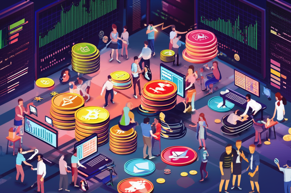 交易量激增的生動市場場景,描繪人們活躍交易加密貨幣
