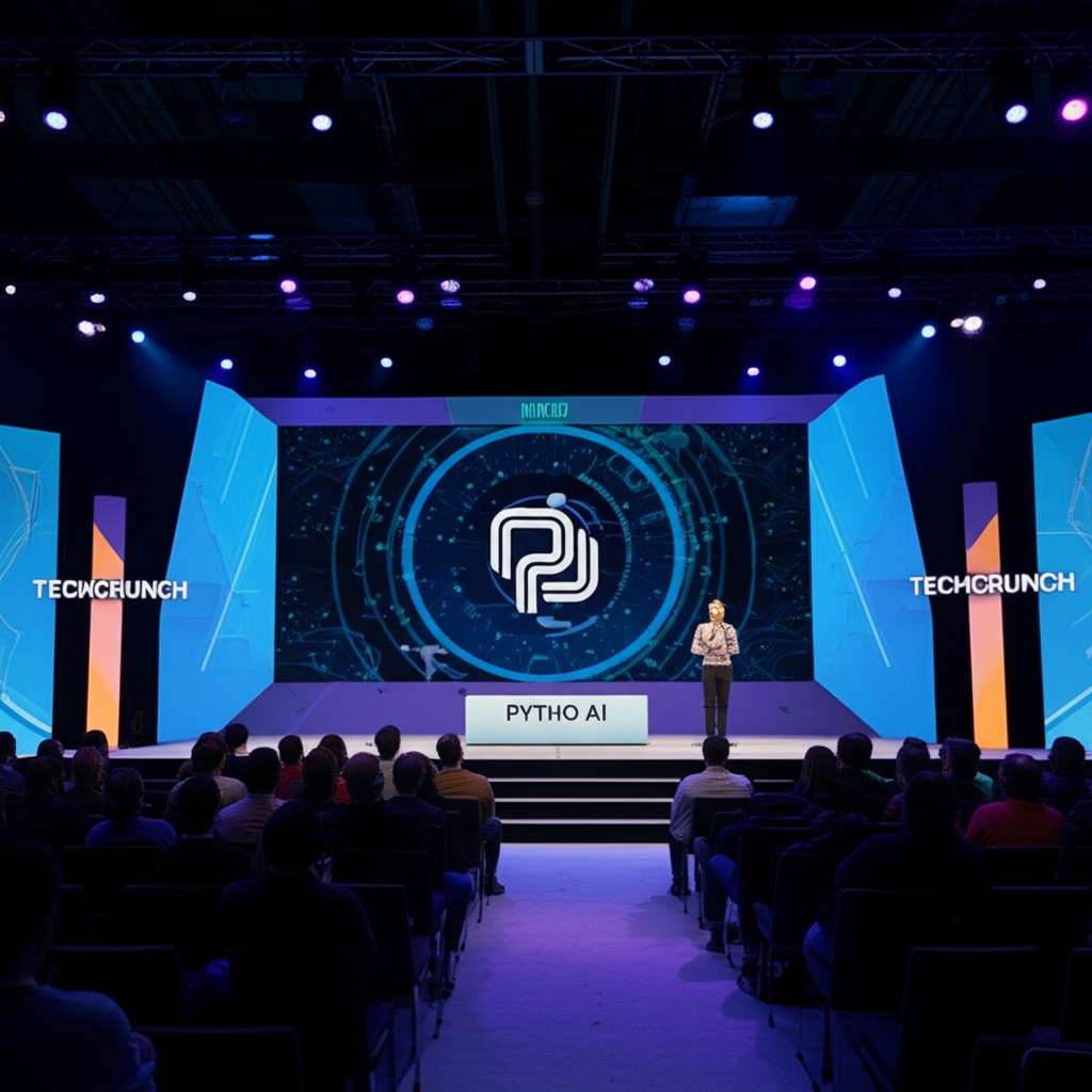 TechCrunch Disrupt 2025 舞台上 Pytho AI 向觀眾展示創新國防技術的插圖