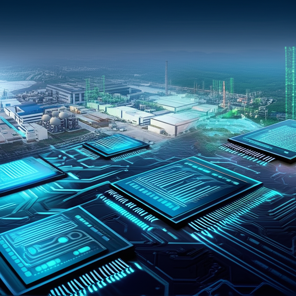 先進AI晶片推動半導體產業發展,背景為台灣半導體工廠插圖