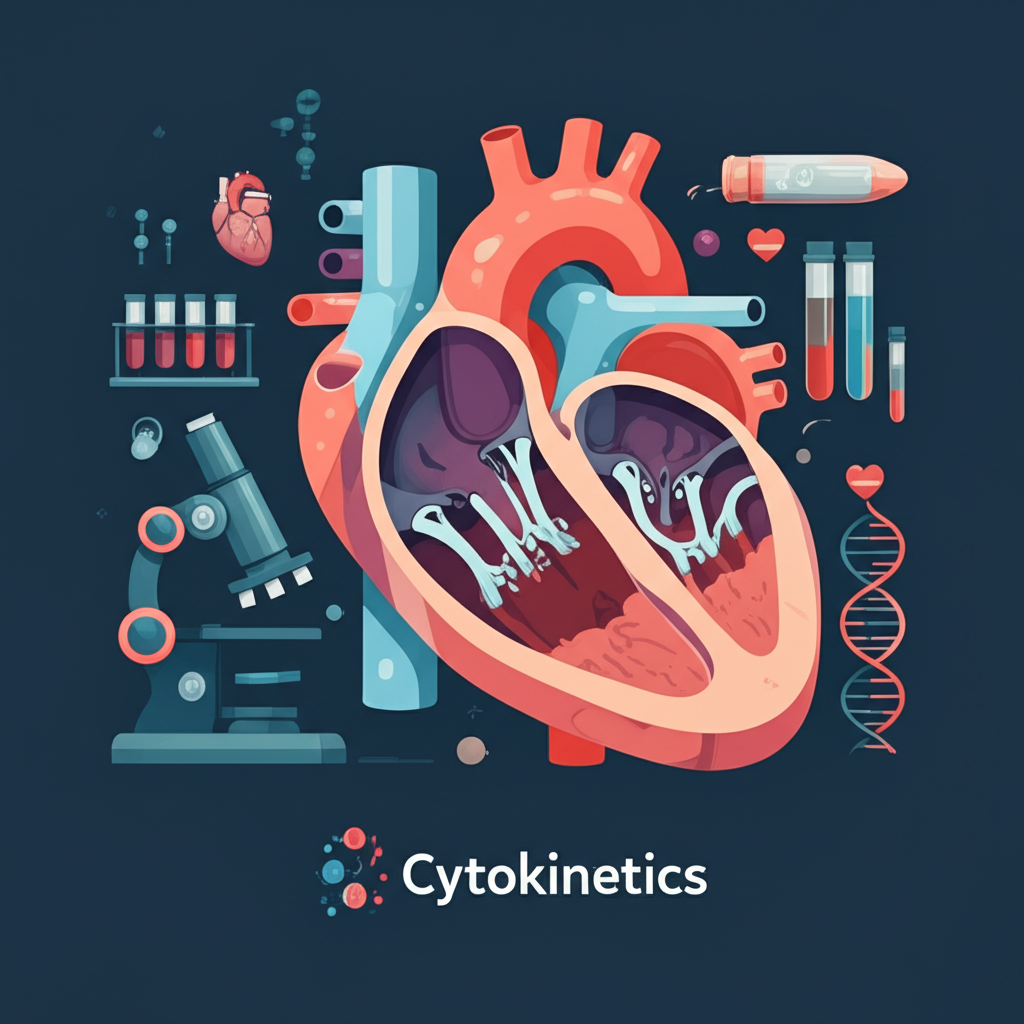 Cytokinetics 標誌環繞心臟圖表與研究工具的插圖,象徵心臟疾病生技創新