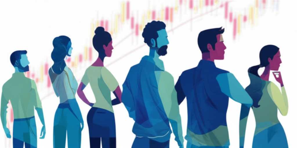 illustration highlighting long term investing mindset with a volatile market background and resilient investors