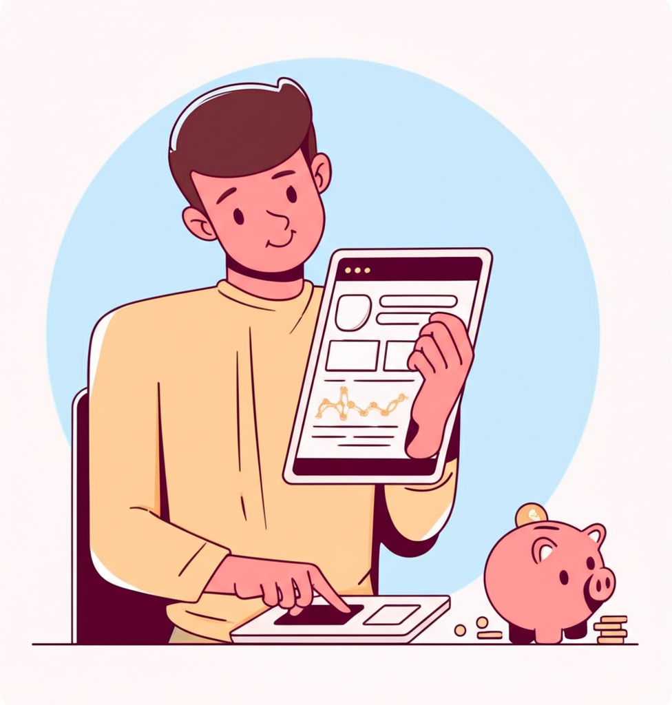 年輕上班族在現代辦公室中計算儲蓄的插圖