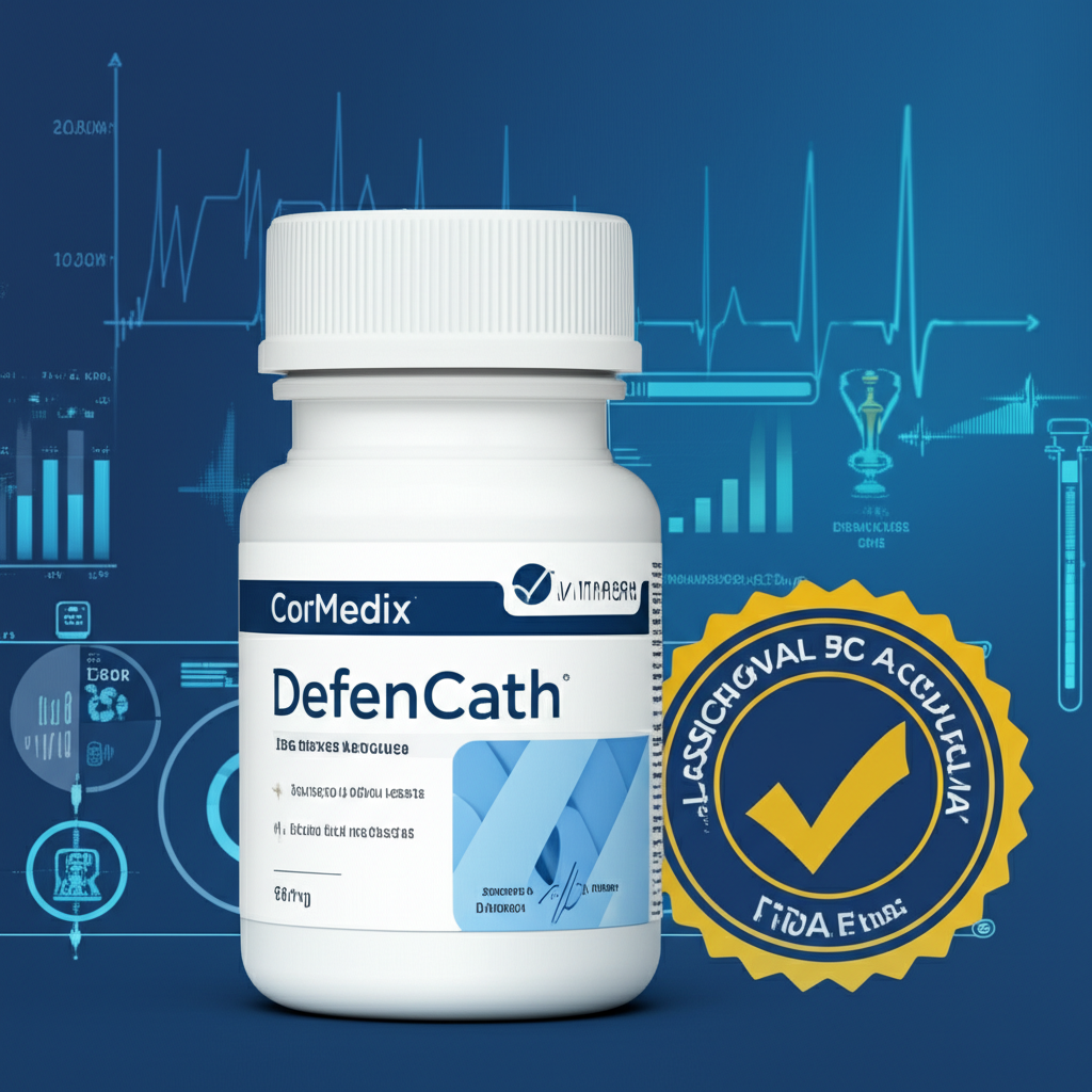 CorMedix 產品 DefenCath 插圖,環繞臨床試驗與 FDA 核准元素