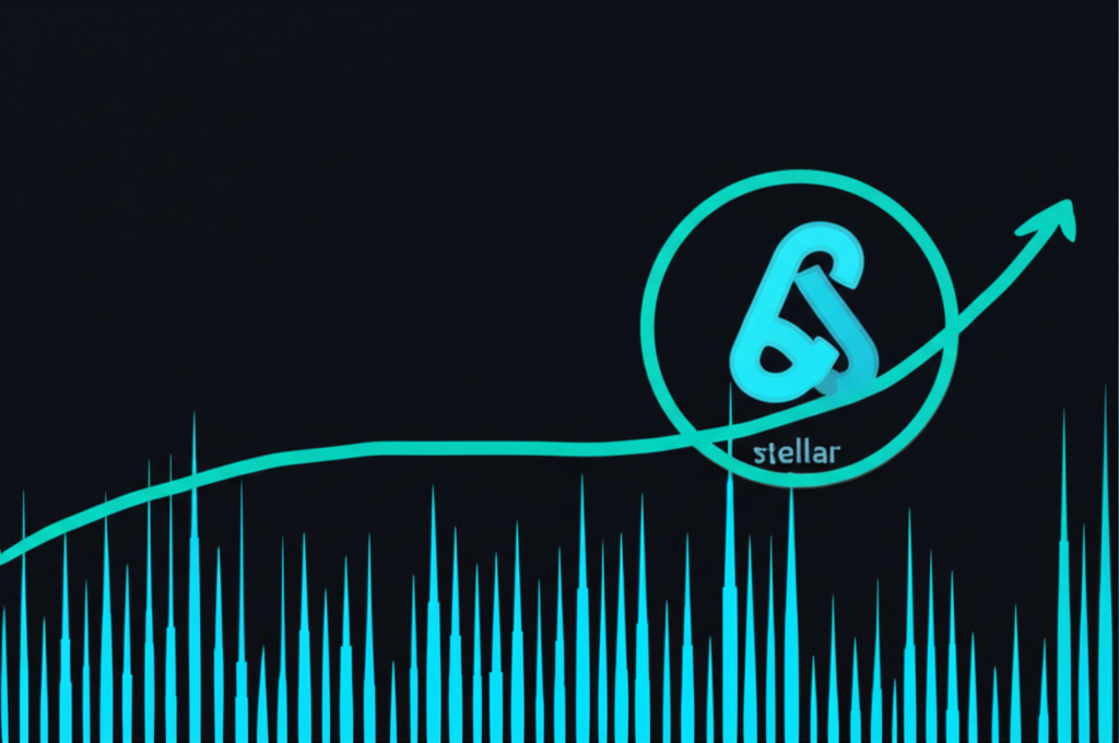 加密貨幣市場成長圖示，Stellar 標誌突出顯示並伴隨價格上漲走勢圖