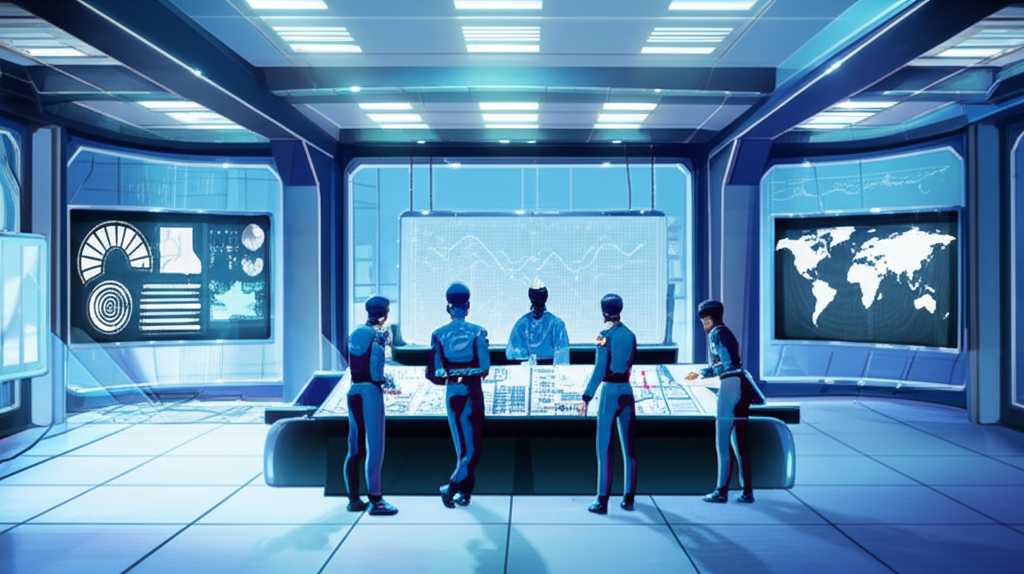未來軍事規劃室充滿AI技術和高科技資料分析的插圖
