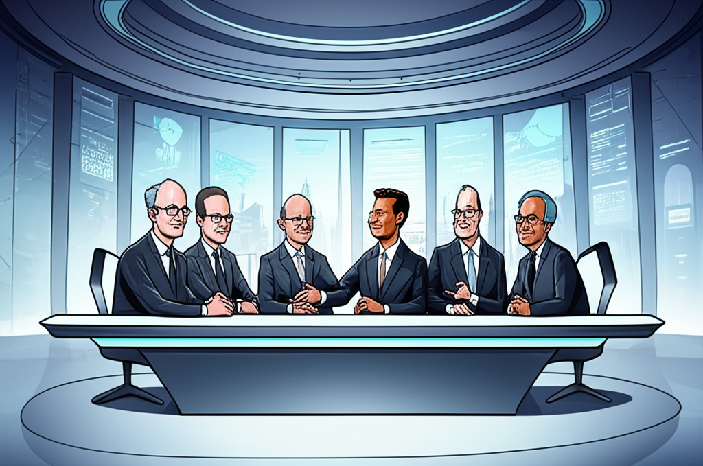 科技領袖在現代會議室討論突破性理念的插圖，展現未來設計風格