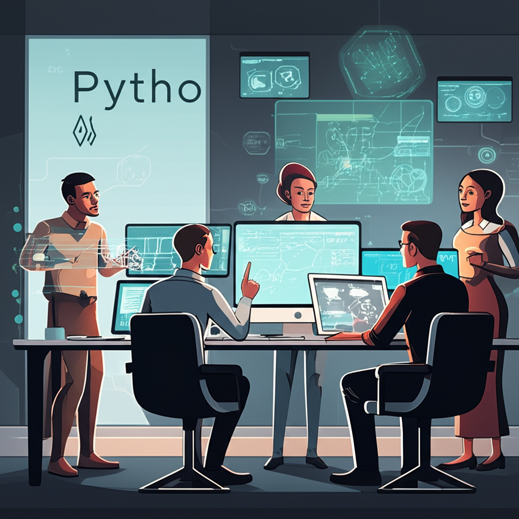 Pytho AI 團隊與先進AI系統合作制定高效軍事策略的現代環境插圖