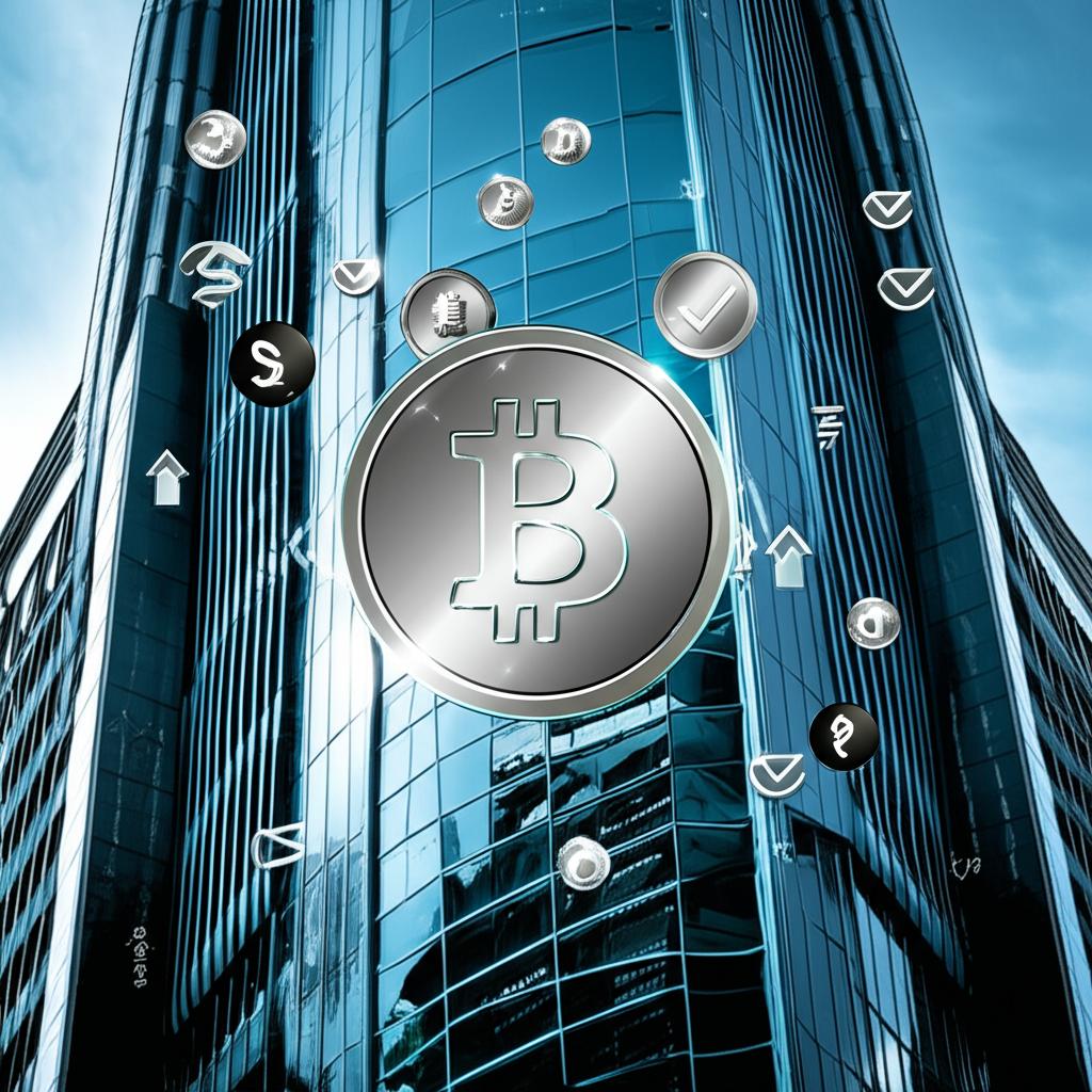 SIX 瑞士交易所建築與加密貨幣符號的插圖,展示監管合規與市場活動