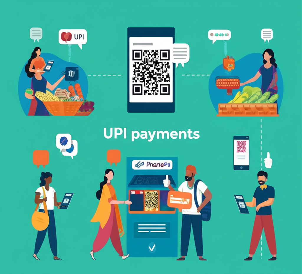 印度UPI支付流程插圖,描繪用戶在日常情境中使用PhonePe應用程式的互動