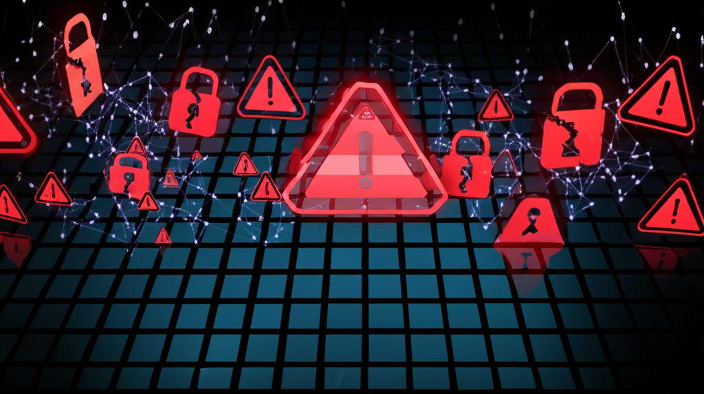 illustration of a cyberattack with visual indicators like alerts and data breach icons