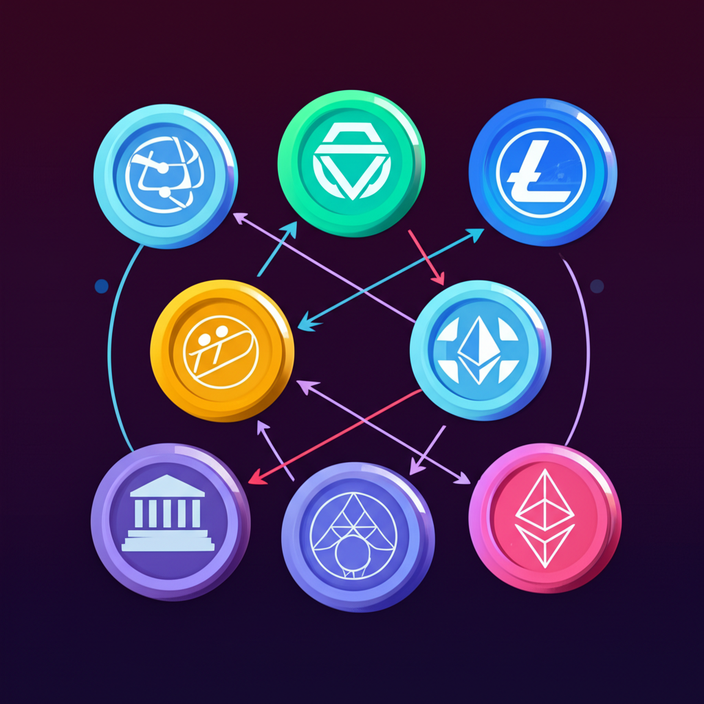 an illustration of a stablecoin ecosystem with digital currency exchanges connecting traditional finance and blockchain technology