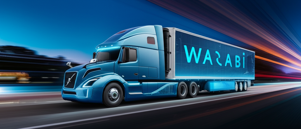 Waabi 和 Volvo 合作開發自動駕駛卡車技術的插圖,強調創新與工程成就