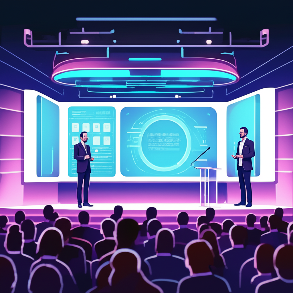 TechCrunch Disrupt 2025 科技會議舞台插圖，講者分享創新理念給熱情觀眾