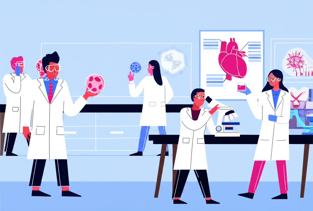 實驗室場景插圖,科學家致力開發心臟疾病治療,強調創新與奉獻精神