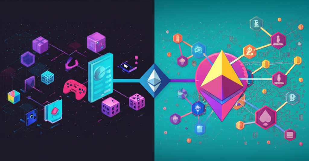 An illustration showcasing SharpLink's transition from a gaming company to an Ethereum treasury management firm with a vibrant DeFi landscape