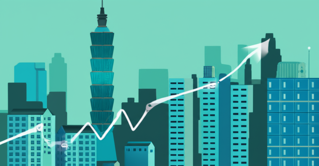 台灣經濟景觀插圖,顯示股市波動上漲與房市韌性