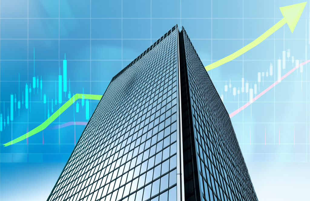 摩根大通總部建築，背景為明亮的未來投資圖表