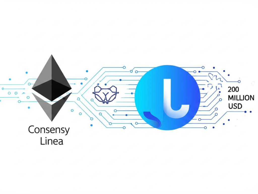 An illustration depicting the deployment of 200 million dollars in Ethereum to ConsenSys Linea with emphasis on Layer 2 technology