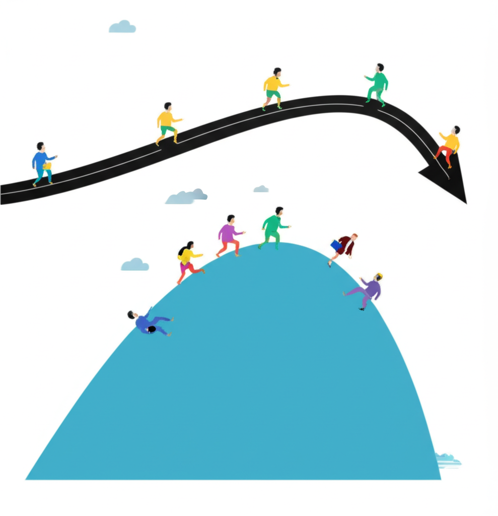 Illustration of venture capital challenges with market cycles and investor participation metaphors