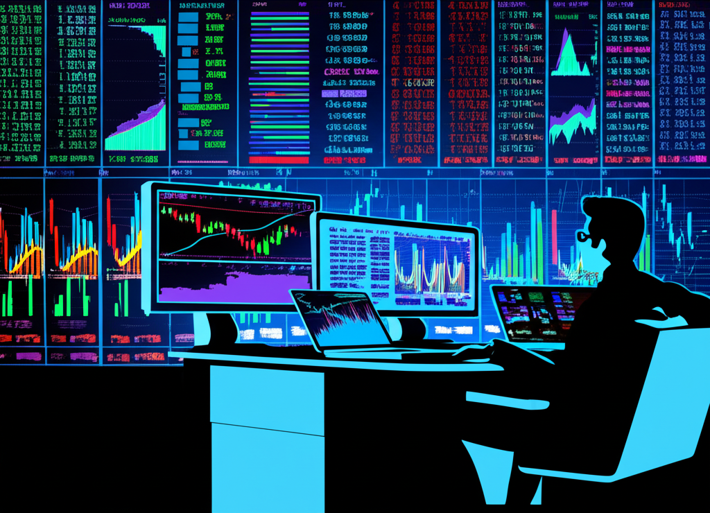 交易者分析市場情緒的插圖,背景包含圖表與指標