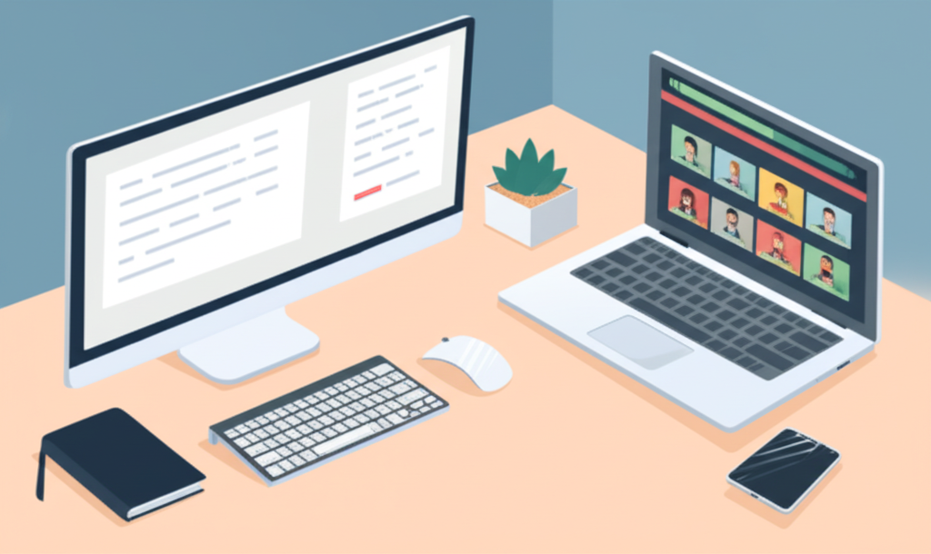 遠端工作設置插圖,展示現代工作空間與科技協作