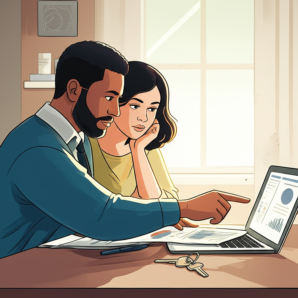 一對夫妻討論購買首購屋並審閱貸款條件的插圖