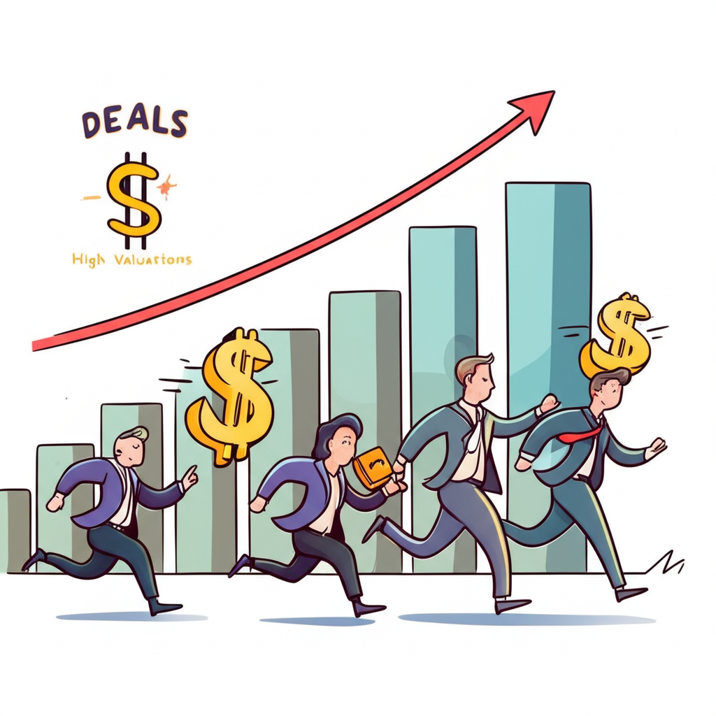 Illustration of overheated venture capital market with investors chasing deals and high valuations in a race