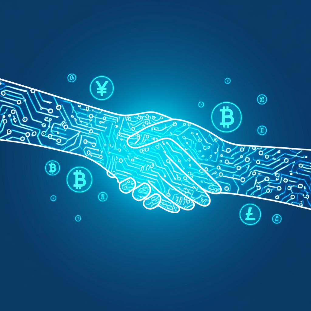 數位金融平台合作插圖，以握手與數位貨幣象徵夥伴關係