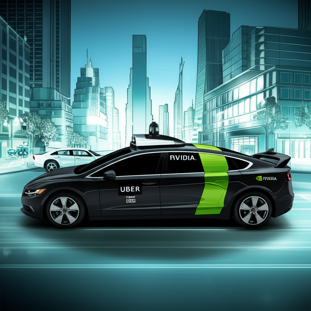 NVIDIA 和 Uber 合作開發自動駕駛計程車的插圖,突顯城市移動與未來都市景觀