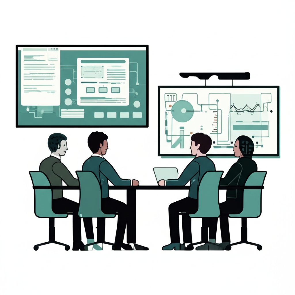 An illustration of a General Catalyst investment meeting with Bevel team discussing AI technology in healthcare