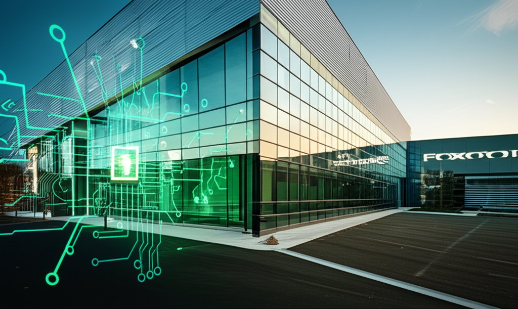 鴻海在美國AI設施的藝術呈現,象徵與NVIDIA合作及先進科技特徵