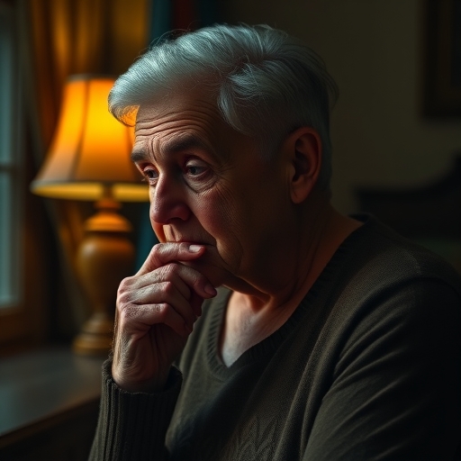 一位老婦人在昏暗的房間裡沉思