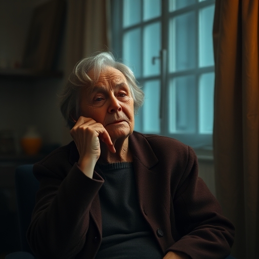 一位老婦人在昏暗的房間裡沉思