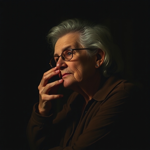 一位老婦人在昏暗的房間裡沉思