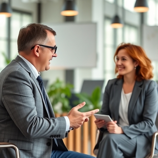 中年專業人士在面試中與面試官交流