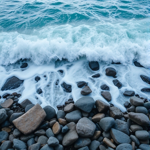 浪在岩石岸邊拍打