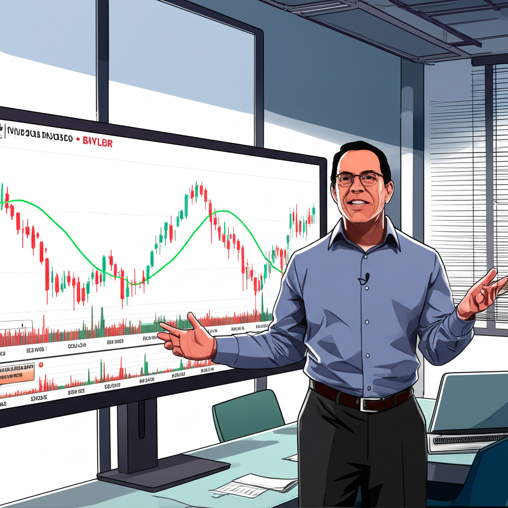 Michael Saylor 在辦公室自信討論比特幣策略的插圖,背景有顯示波動的圖表